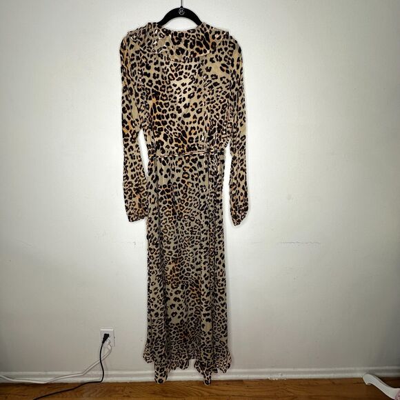 House of Harlow 1960 Cheetah Print Lafayette Wrap Front Tie Maxi Dress Ruffle L - Picture 6 of 16